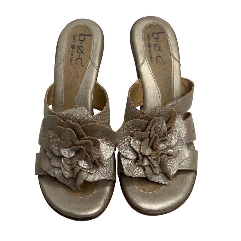 BOC Born Heels Women's‎ 7 M Floral Slip On Pumps Gold Leather Open Toe boho Chic - Picture 2 of 8